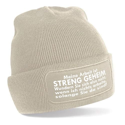 Herzbotschaft Beanie Strickmütze mit Spruch | Meine Arbeit ist Streng Geheim | Creme | Unisex SoftTouch angenehm weiche und warme Wintermütze | OneSize Einheitsgröße für Erwachsene von Herzbotschaft