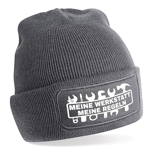 Herzbotschaft Beanie Strickmütze mit Spruch | Meine Werkstatt Meine Regeln | grau | Unisex SoftTouch angenehm weiche und warme Wintermütze | OneSize Einheitsgröße für Erwachsene von Herzbotschaft