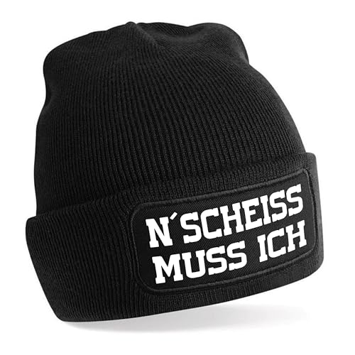 Herzbotschaft Beanie Strickmütze mit Spruch | N´Scheiss muss ich | schwarz | Unisex SoftTouch angenehm weiche und warme Wintermütze | OneSize Einheitsgröße für Erwachsene von Herzbotschaft