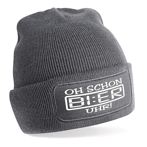 Beanie Strickmütze mit Spruch | Oh Schon Bier Uhr | grau | Unisex SoftTouch angenehm weiche und warme Wintermütze | OneSize Einheitsgröße für Erwachsene von Herzbotschaft