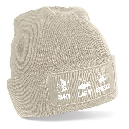 Herzbotschaft Beanie Strickmütze mit Spruch | SKI Lift Bier | Creme | Unisex SoftTouch angenehm weiche und warme Wintermütze | OneSize Einheitsgröße für Erwachsene von Herzbotschaft