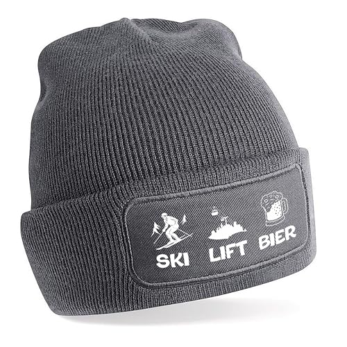 Herzbotschaft Beanie Strickmütze mit Spruch | SKI Lift Bier | grau | Unisex SoftTouch angenehm weiche und warme Wintermütze | OneSize Einheitsgröße für Erwachsene von Herzbotschaft