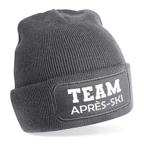 Herzbotschaft Beanie Strickmütze mit Spruch | Team Après-Ski | grau | Unisex SoftTouch angenehm weiche und warme Wintermütze | OneSize Einheitsgröße für Erwachsene von Herzbotschaft