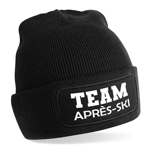 Herzbotschaft Beanie Strickmütze mit Spruch | Team Après-Ski | schwarz | Unisex SoftTouch angenehm weiche und warme Wintermütze | OneSize Einheitsgröße für Erwachsene von Herzbotschaft