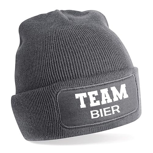 Herzbotschaft Beanie Strickmütze mit Spruch | Team Bier | grau | Unisex SoftTouch angenehm weiche und warme Wintermütze | OneSize Einheitsgröße für Erwachsene von Herzbotschaft