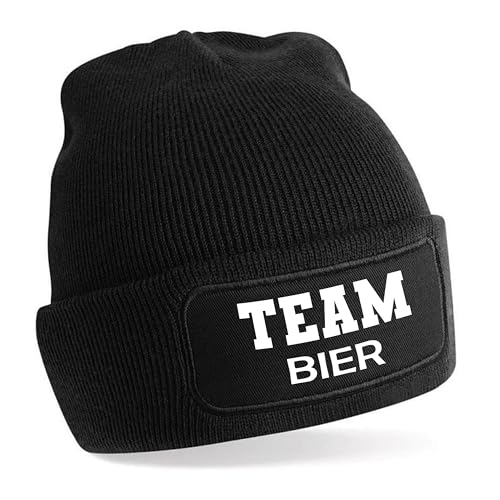 Herzbotschaft Beanie Strickmütze mit Spruch | Team Bier | schwarz | Unisex SoftTouch angenehm weiche und warme Wintermütze | OneSize Einheitsgröße für Erwachsene von Herzbotschaft