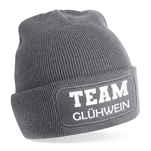 Herzbotschaft Beanie Strickmütze mit Spruch | Team Glühwein | grau | Unisex SoftTouch angenehm weiche und warme Wintermütze | OneSize Einheitsgröße für Erwachsene von Herzbotschaft