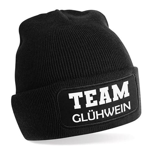 Herzbotschaft Beanie Strickmütze mit Spruch | Team Glühwein | schwarz | Unisex SoftTouch angenehm weiche und warme Wintermütze | OneSize Einheitsgröße für Erwachsene von Herzbotschaft