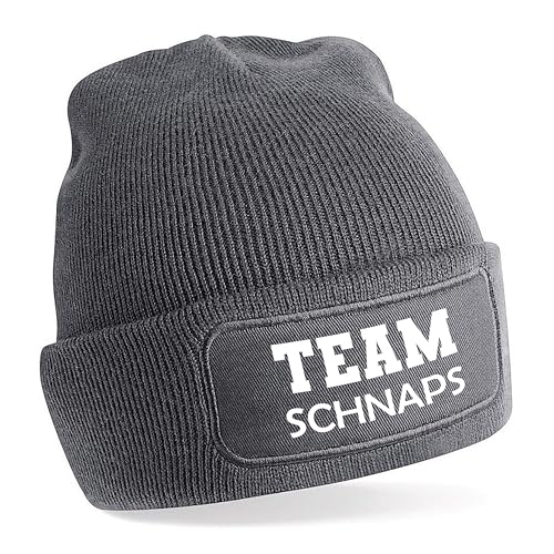 Herzbotschaft Beanie Strickmütze mit Spruch | Team Schnaps | grau | Unisex SoftTouch angenehm weiche und warme Wintermütze | OneSize Einheitsgröße für Erwachsene von Herzbotschaft