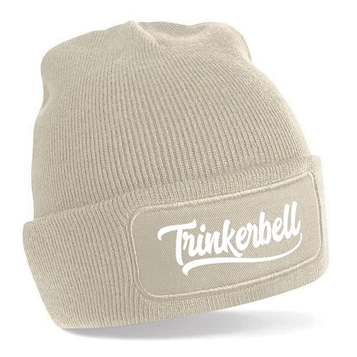 Herzbotschaft Beanie Strickmütze mit Spruch | Trinkerbell | Creme | Unisex SoftTouch angenehm weiche und warme Wintermütze | OneSize Einheitsgröße für Erwachsene von Herzbotschaft