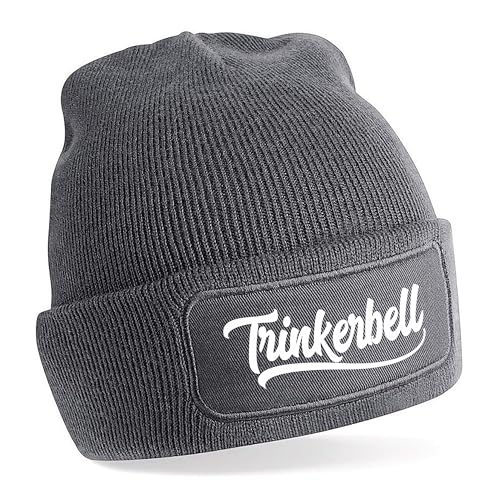 Herzbotschaft Beanie Strickmütze mit Spruch | Trinkerbell | grau | Unisex SoftTouch angenehm weiche und warme Wintermütze | OneSize Einheitsgröße für Erwachsene von Herzbotschaft