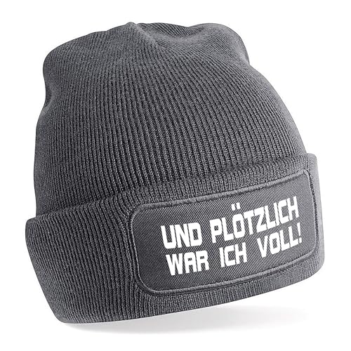 Herzbotschaft Beanie Strickmütze mit Spruch | Und plötzlich war ich voll! | grau | Unisex SoftTouch angenehm weiche und warme Wintermütze | OneSize Einheitsgröße für Erwachsene von Herzbotschaft