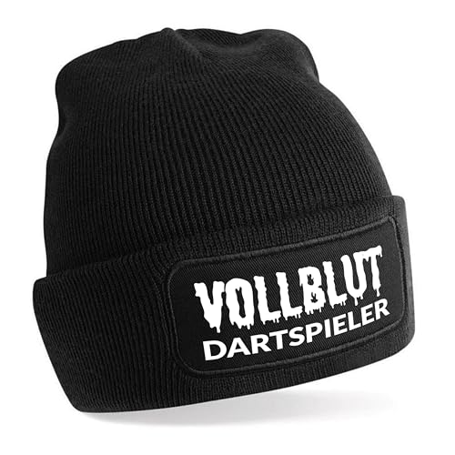 Herzbotschaft Beanie Strickmütze mit Spruch | Vollblut Dartspieler | schwarz | Unisex SoftTouch angenehm weiche und warme Wintermütze | OneSize Einheitsgröße für Erwachsene von Herzbotschaft