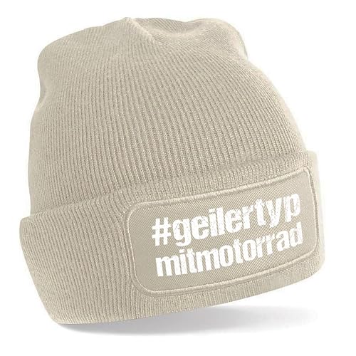 Herzbotschaft Beanie Strickmütze mit Spruch | #geilertypmitmotorrad - Geiler Typ mit Motorrad | Creme | Unisex SoftTouch angenehm weiche und warme Wintermütze | OneSize Einheitsgröße für Erwachsene von Herzbotschaft