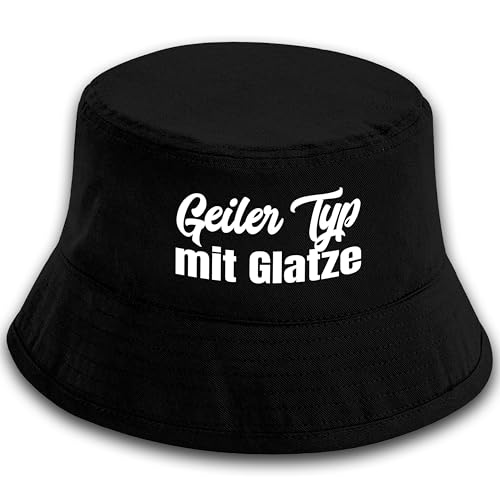 Herzbotschaft Bucket Hat mit Motiv | Geiler Typ mit Glatze | Schwarz mit Größenauswahl | Fischerhut mit Spruch | Mallorca Hut für Feiern und Partys | Sommerhut | Anglerhut von Herzbotschaft
