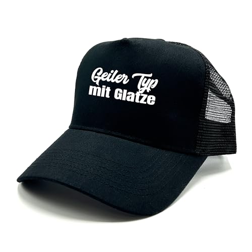 Herzbotschaft Trucker Cap in Mesh Optik mit Spruch | Geiler Typ mit Glatze | Farbwahl | Unisex Baseball Mütze | hochwertiger Druck | OneSize durch verstellbaren Klipp-Verschluss von Herzbotschaft