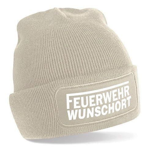Herzbotschaft personalisierte Beanie Strickmütze mit Wunschort | Feuerwehr | | Creme | Unisex SoftTouch angenehm weiche und warme Wintermütze | OneSize Einheitsgröße für Erwachsene von Herzbotschaft