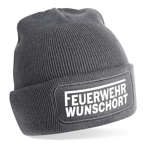 Herzbotschaft personalisierte Beanie Strickmütze mit Wunschort | Feuerwehr | | grau | Unisex SoftTouch angenehm weiche und warme Wintermütze | OneSize Einheitsgröße für Erwachsene von Herzbotschaft