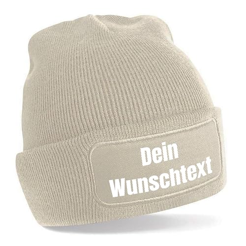 Herzbotschaft personalisierte Beanie Strickmütze mit Wunschtext | Creme | Unisex SoftTouch angenehm weiche und warme Wintermütze | OneSize Einheitsgröße für Erwachsene von Herzbotschaft