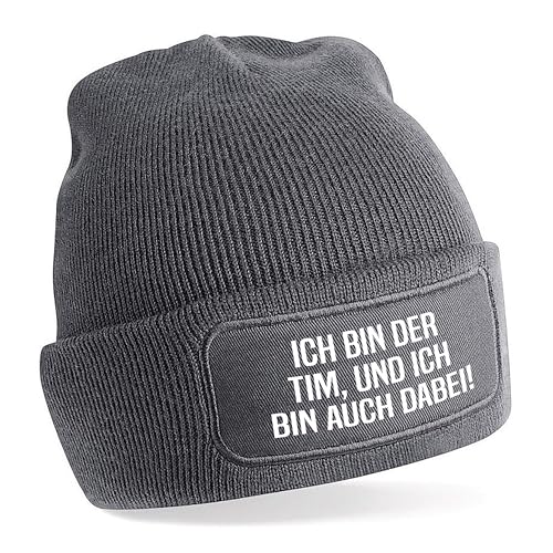 Herzbotschaft personalisierte Beanie Strickmütze mit Wunschtext | Ich Bin auch dabei | grau | Unisex SoftTouch angenehm weiche und warme Wintermütze | OneSize Einheitsgröße für Erwachsene von Herzbotschaft