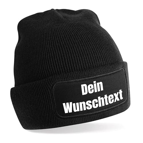 Herzbotschaft personalisierte Beanie Strickmütze mit Wunschtext | schwarz | Unisex SoftTouch angenehm weiche und warme Wintermütze | OneSize Einheitsgröße für Erwachsene von Herzbotschaft