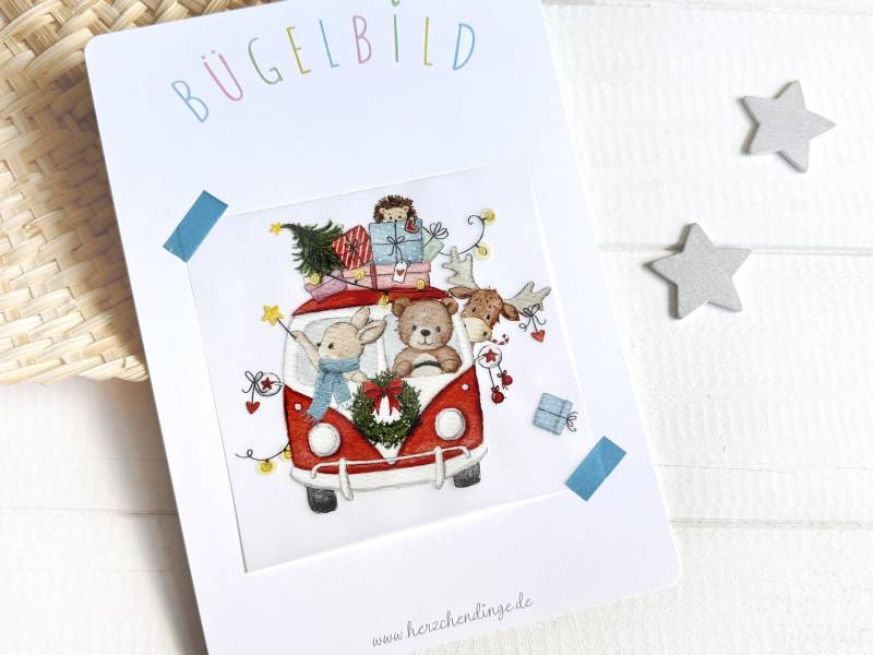 Weihnachtliches Bügelbild Weihnachtsbus Bus Mit Tieren von Herzchendinge