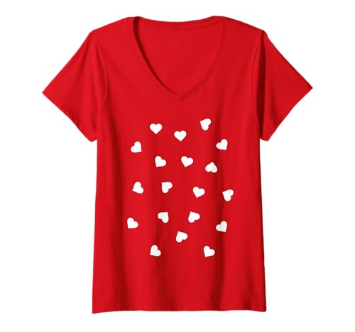 Damen Herzen rot weiß Herz Viele Herzchen Liebe Valentinstag T-Shirt mit V-Ausschnitt Damen Herzen rot weiß Herz Viele Herzchen Liebe Valentinstag T-Shirt mit V-Ausschnitt von Herzen Herz Freund Freundin Geschenk Love