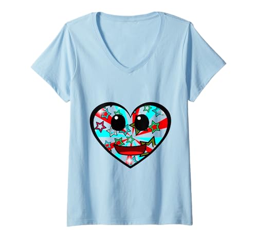 Damen Retro 60er Herz Herzen Vintage lustig Kinder Mädchen Jungen T-Shirt mit V-Ausschnitt von Herzen Herz herzlich