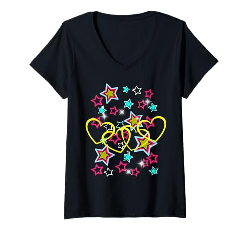 Damen Retro Herzen 60er Sterne Herz Vintage Valentin T-Shirt mit V-Ausschnitt von Herzen Herz herzlich