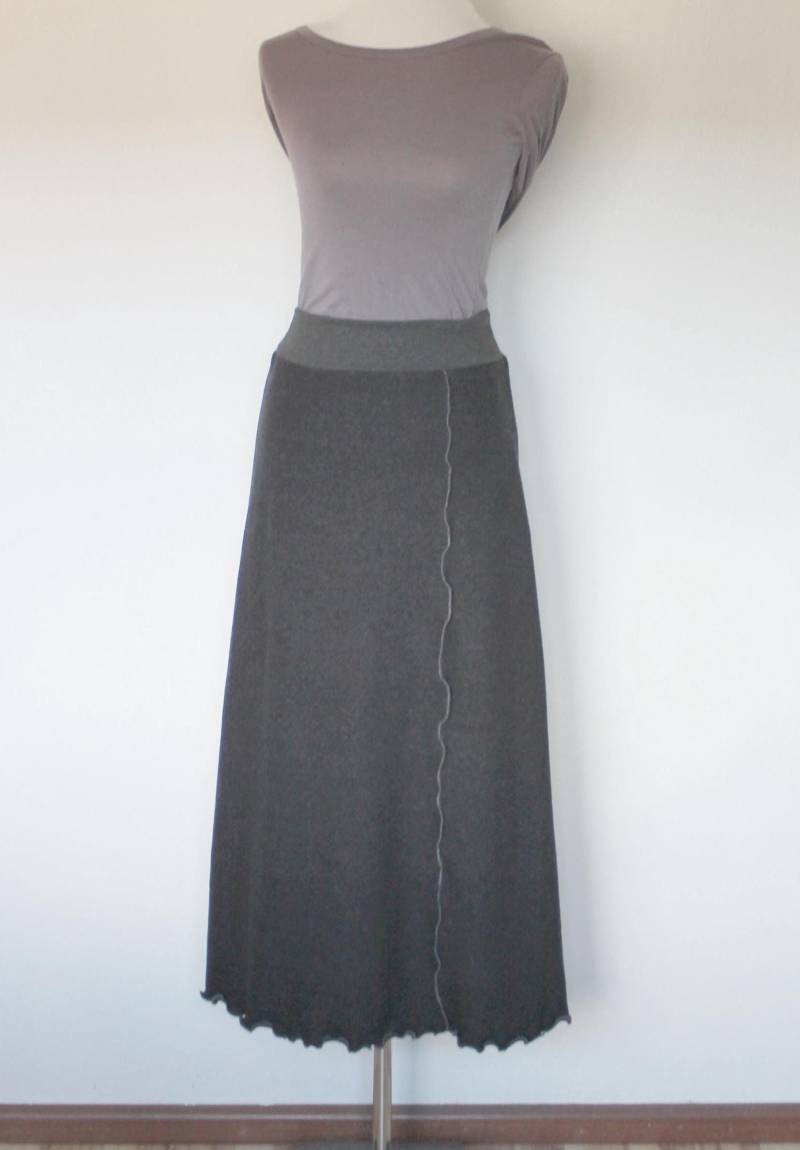 Maxirock Baumwollstrick, Dunkelgrau | Anthrazit Uni, Knöchellang, Mit Ziernaht, Rollsaum, A-Form von HerzensKleiderStoffe