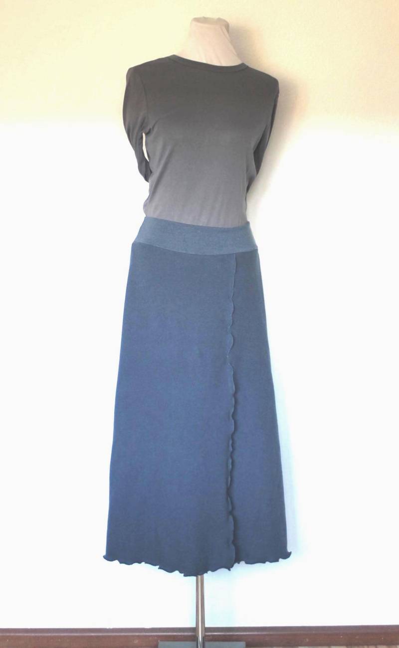 Maxirock Baumwollstrick, Uni Dunkles Jeansblau, Knöchellang, Mit Ziernaht, Rollsaum, A-Form von HerzensKleiderStoffe