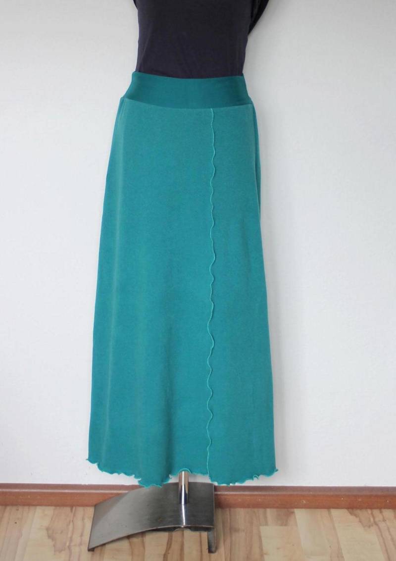 Maxirock Baumwollstrick, Uni Türkis/Smaragdfarben, Knöchellang, Mit Ziernaht, Rollsaum, A-Form von HerzensKleiderStoffe