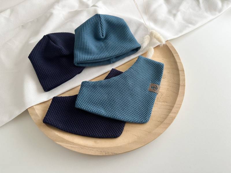 Mütze Halstuch Set Dreieckstuch Beanie Winter Frühling Herbst Junge Mädchen Geschenk Zur Geburt Taufe Geburtstag Waffeljersey Einfarbig von Herzenszeug
