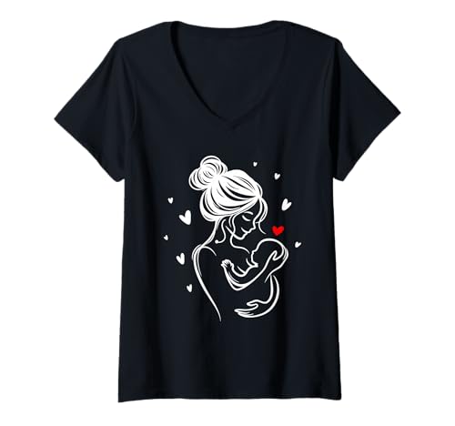 Damen Liebevolle Mama Baby Umarmung Herz Geschenkidee Kind Geburt T-Shirt mit V-Ausschnitt Damen Liebevolle Mama Baby Umarmung Herz Geschenkidee Kind Geburt T-Shirt mit V-Ausschnitt von Herzliche Geschenkidee für Mütter und Neugeborene