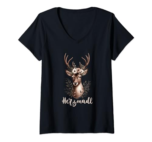 Herzmadl Damen Oktoberfest Volksfest Hirsch Blumen Trachten T-Shirt mit V-Ausschnitt Herzmadl Damen Oktoberfest Volksfest Hirsch Blumen Trachten T-Shirt mit V-Ausschnitt von Herzmadl Damen Oktoberfest Volksfest Bayern