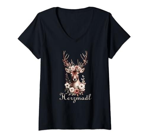 Herzmadl Damen Oktoberfest Volksfest Hirsch Blumen Trachten T-Shirt mit V-Ausschnitt Herzmadl Damen Oktoberfest Volksfest Hirsch Blumen Trachten T-Shirt mit V-Ausschnitt von Herzmadl Damen Oktoberfest Volksfest Bayern
