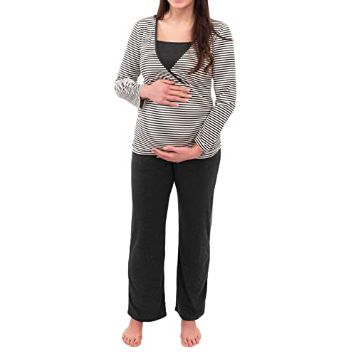 Herzmutter Stillpyjama-Umstandspyjama - Gestreifter Schlafanzug für Damen - weiche Nachtwäsche für Schwangerschaft - Stillfunktion - Langarm - 2100 (L, Weiß/D-Grau) von Herzmutter
