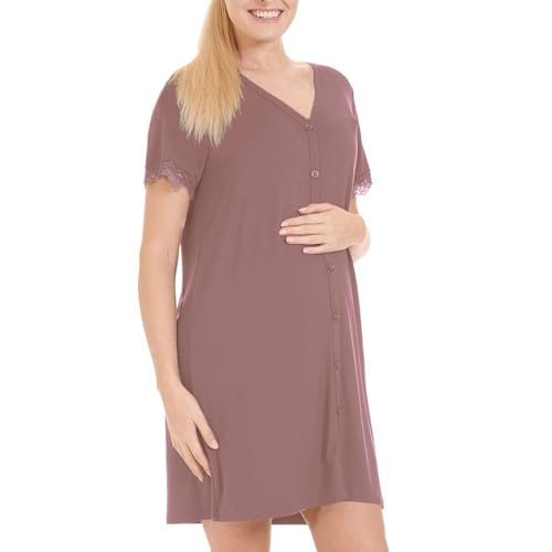 Herzmutter Stillnachthemd Damen Geburt - Knopfleiste - Schwangerschaft-Wochenbett-Stillfunktion - Umstandsnachthemd - Kurzarm mit Spitze - 2850 (XXL, Altrosa) von Herzmutter