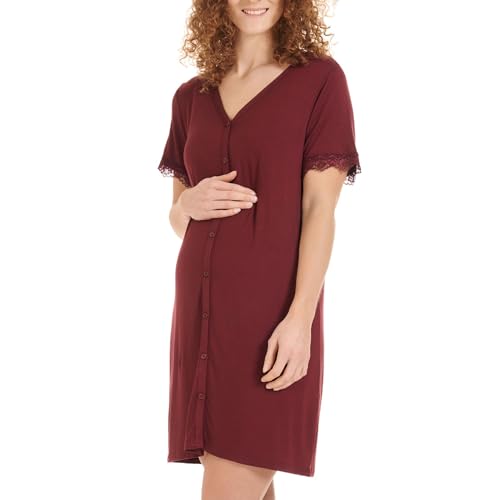 Herzmutter Stillnachthemd Damen Geburt - Knopfleiste - Schwangerschaft-Wochenbett-Stillfunktion - Umstandsnachthemd - Kurzarm mit Spitze - 2850 (XL, Dunkelrot) von Herzmutter