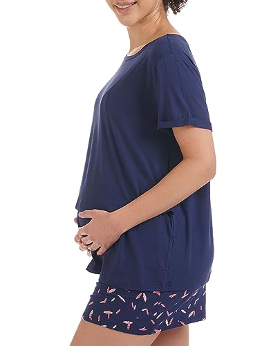 Herzmutter Stillpyjama-Umstandspyjama Kurz - Schlafanzug für Damen mit Muster - Pyjama-Set - Stillfunktion-Schwangerschaft - 2650 (XXL, Blau/Federn) von Herzmutter