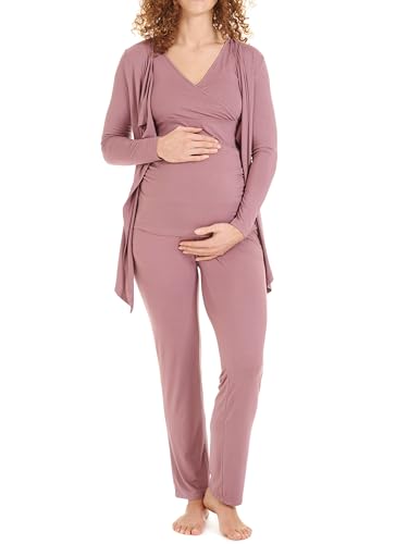 Herzmutter Stillpyjama-Set - 3-teilig - Umstands-Pyjama für Damen - Schwangerschafts-Wochenbett-Set - Hose-Top-Cardigan - 8100 (Altrose, L) von Herzmutter