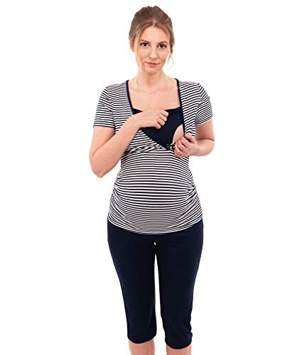 Herzmutter Stillpyjama-Umstandspyjama - Gestreifter Schlafanzug für Damen - weiche Nachtwäsche für Schwangerschaft - Stillfunktion - Kurzarm - 2600 (XL, Weiß/Blau) von Herzmutter