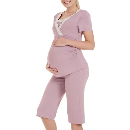 Herzmutter Stillpyjama-Umstandspyjama - Schlafanzug für Damen mit Spitze - Stillfunktion - Nachtwäsche für Schwangerschaft - Kurzarm - 2500 (L, Altrosa) von Herzmutter
