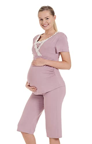 Herzmutter Stillpyjama-Umstandspyjama - Schlafanzug für Damen mit Spitze - Stillfunktion - Nachtwäsche für Schwangerschaft - Kurzarm - 2500 (S, Altrosa) von Herzmutter