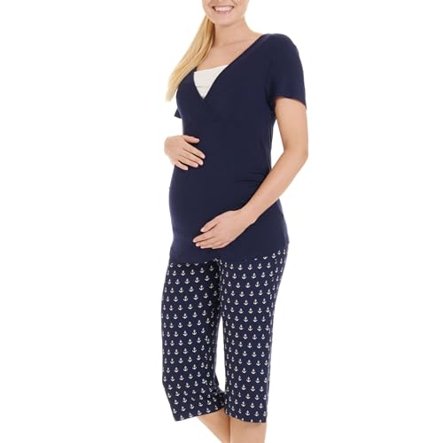 Herzmutter Stillpyjama-Umstandspyjama Kurz - Schlafanzug für Damen mit Muster - Schwangerschaft-Stillfunktion - Kurzarm - 2900 (XL, Blau/Anker) von Herzmutter