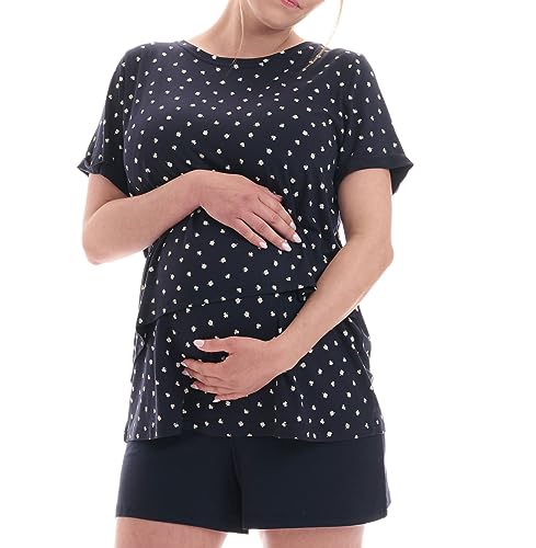 Herzmutter Stillpyjama-Umstandspyjama Kurz - Schlafanzug für Damen mit Muster - Pyjama-Set - Stillfunktion-Schwangerschaft - 2650 (XL, Blau/Blatt) von Herzmutter