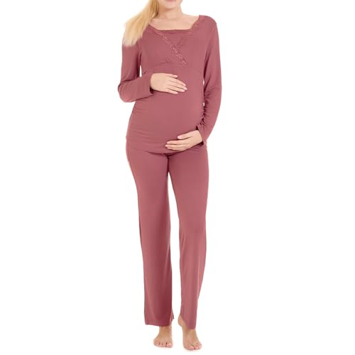 Herzmutter Stillpyjama-Umstandspyjama - Schlafanzug für Damen mit Spitze - Stillfunktion - Nachtwäsche für Schwangerschaft - Langarm - 2000 (XXL, Rosa) von Herzmutter