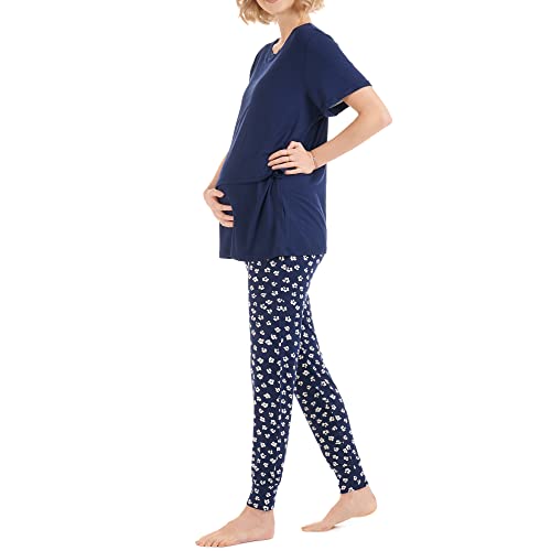 Herzmutter Stillpyjama-Umstandspyjama - Schwangerschafts-Pyjama mit Muster - Pyjama-Set für Schwangere-Wochenbett - Kurzarm-Schlafanzug für Stillzeit-Stillfunktion - 2950 (XXL, Blau/Blumen) von Herzmutter