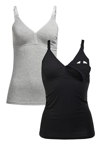 Herzmutter Stilltop Baumwolle - einfache Stillfunktion - integriertes Bustier-BH mit Clip-Verschlüssen - 1er & 2er-Set - 5420 (XXL, Schwarz/Grau) von Herzmutter