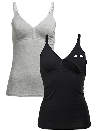 Herzmutter Stilltops Baumwolle OekoTex 100 - einfache Stillfunktion - Stilltop Set 1er & 2er - integriertes Bustier-BH mit Clip-Verschlüssen - 5420 (M, Schwarz/Grau) von Herzmutter